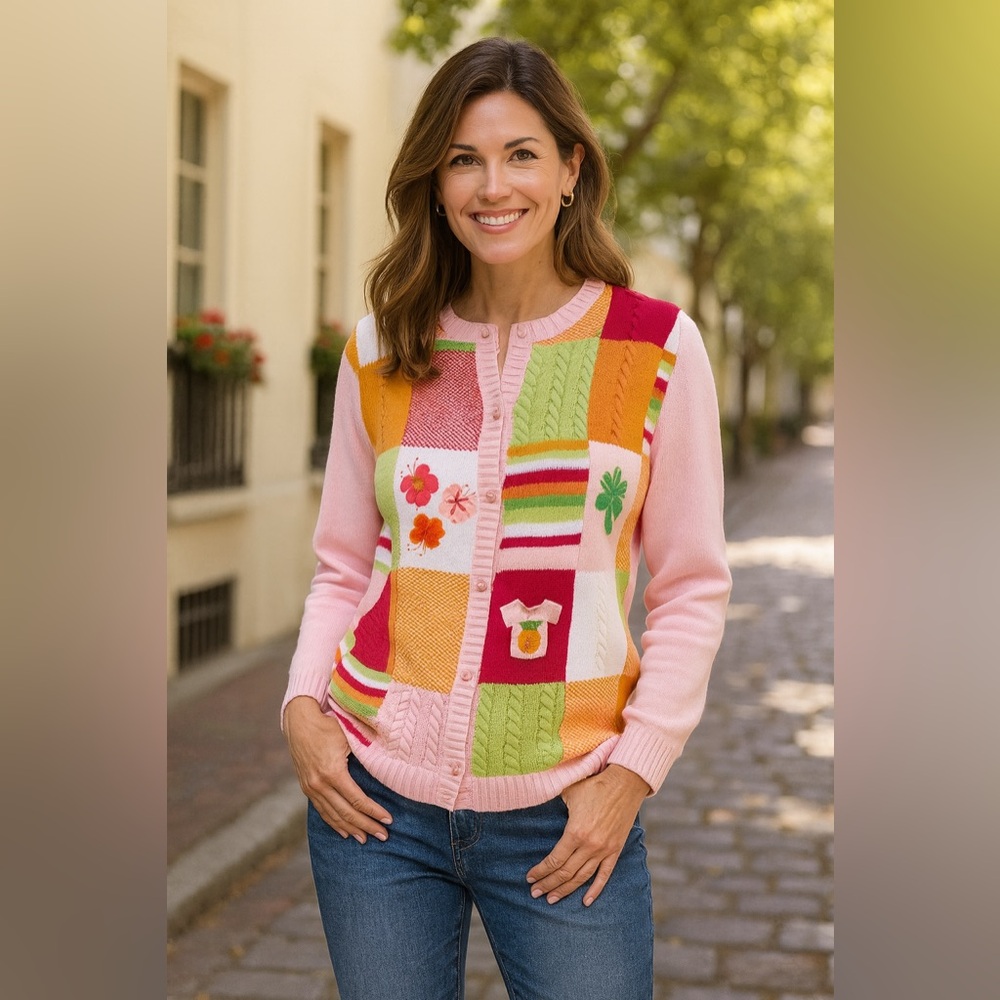Vintage Tabi Cardigan with Tropical Motif, Size Small